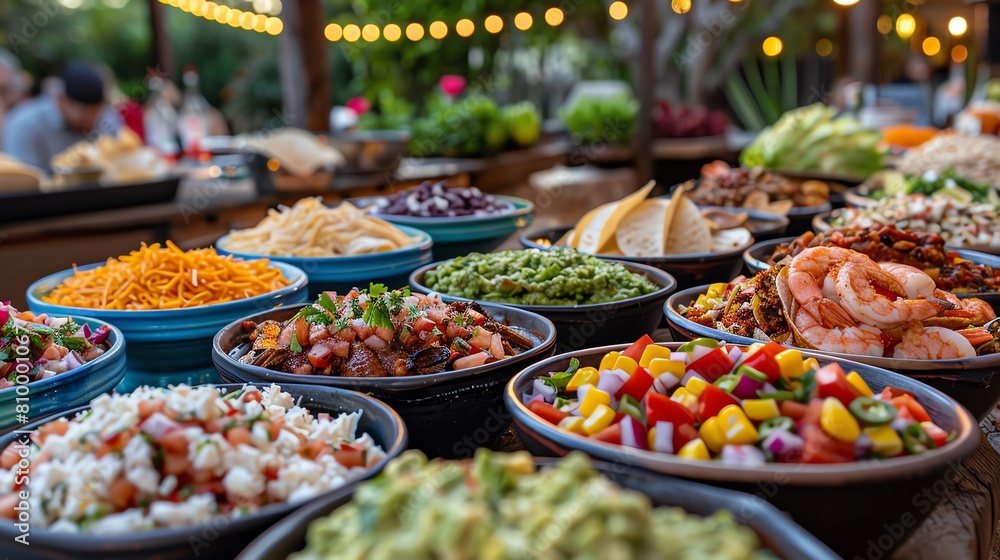 A taco bar setup with various bowls of fillings including grilled chicken, shrimp, and spicy beef