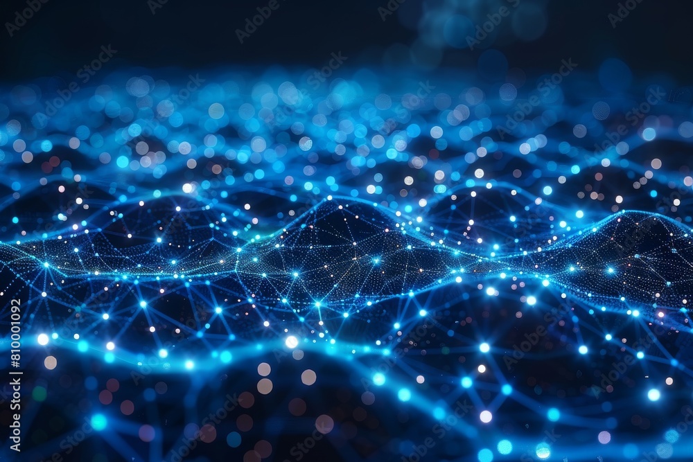 A mesmerizing image of blue waves forming a digital pattern with glimmering light points A mesmerizing image of blue waves forming a digital pattern with glimmering light points