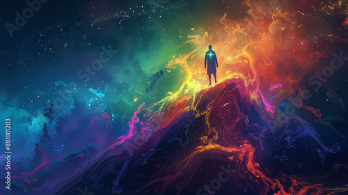 A person standing on top of an endless mountain made entirely of vibrant psychedelic colors