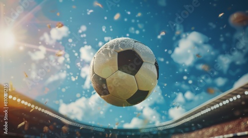 A photo of a soccer ball in mid air with a blue sky and stadium in the background.