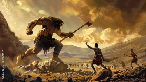 David facing Goliath on the battlefield in high resolution and high quality. biblical concept, religion, history, strength