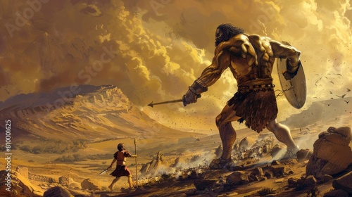 David facing Goliath on the battlefield in high resolution and high quality. biblical concept, religion, history, strength, leader, old testament, battle, war photo