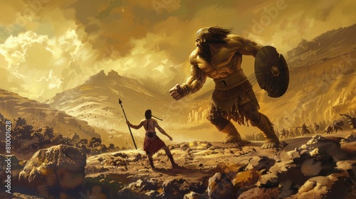 David fighting Goliath on the battlefield in high resolution and high quality. religion concept