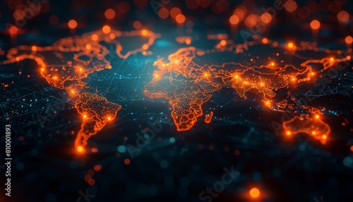 Global network with world map and glowing connections on dark background. Digital communication technology. Wallpaper. Banner
