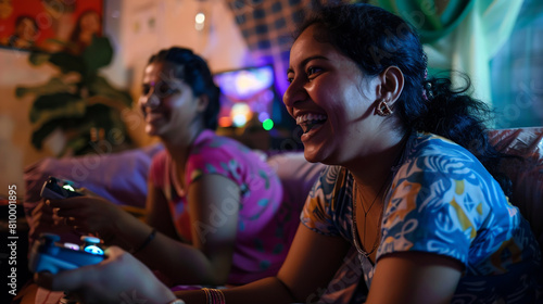 Indian women playing video games laughing and smiling in the living room