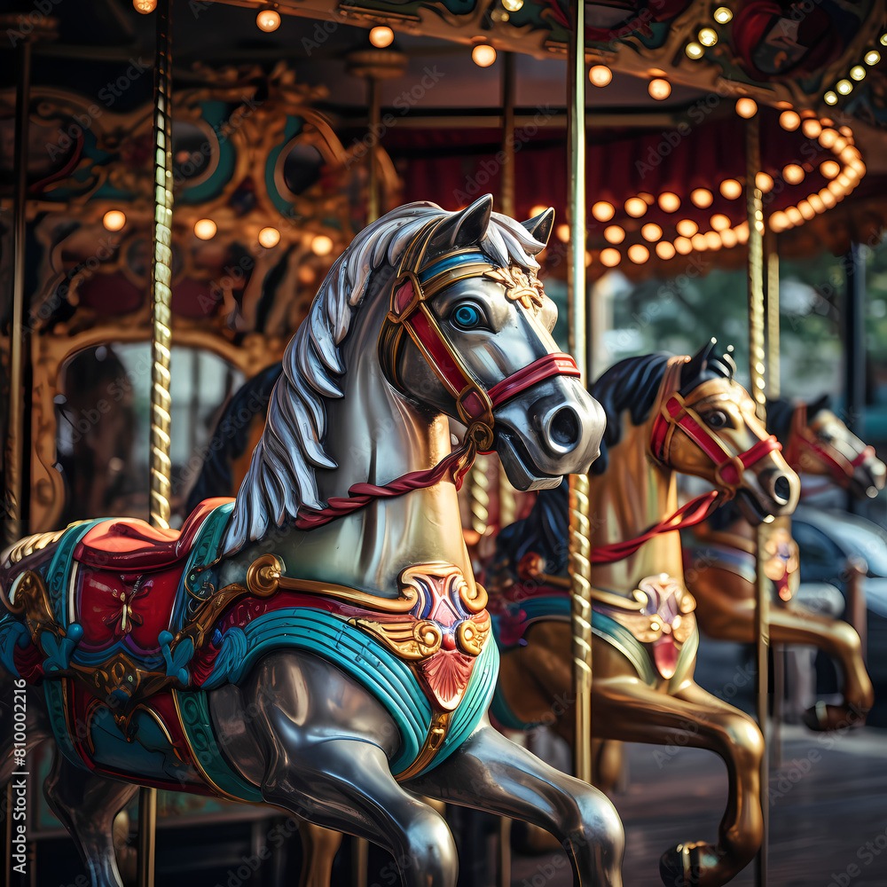 Old-fashioned carousel with brightly painted horses