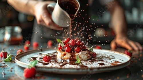  A dessert on a plate, with whipped cream, raspberries, and sprinkles added on top