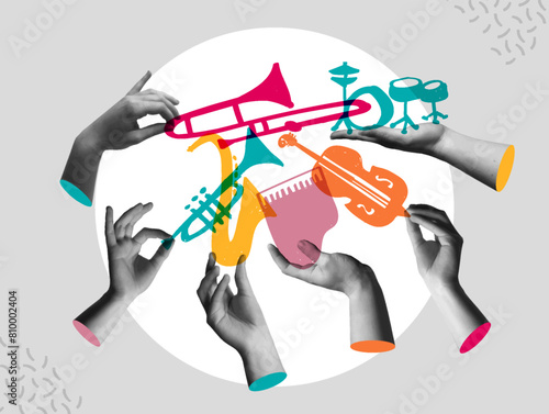 Jazz music instrument and human hands in retro collage vector illustration