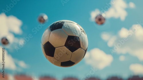 A 3D render of a soccer ball floating in mid air against a blue sky and clouds background.