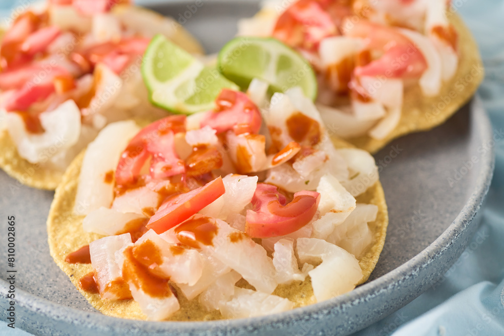 Mexican food, called cueritos toast, made with pork skin Mexican food, called cueritos toast, made with pork skin