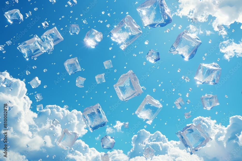 Water Ice Cube Pattern Background With Blurred Blue Sky And Clouds ...