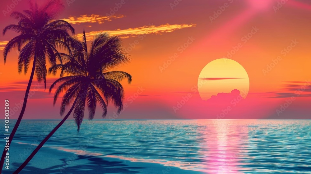 A beautiful sunset over the ocean. The palm trees are silhouetted against the sky