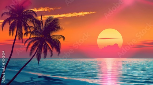 A beautiful sunset over the ocean. The palm trees are silhouetted against the sky