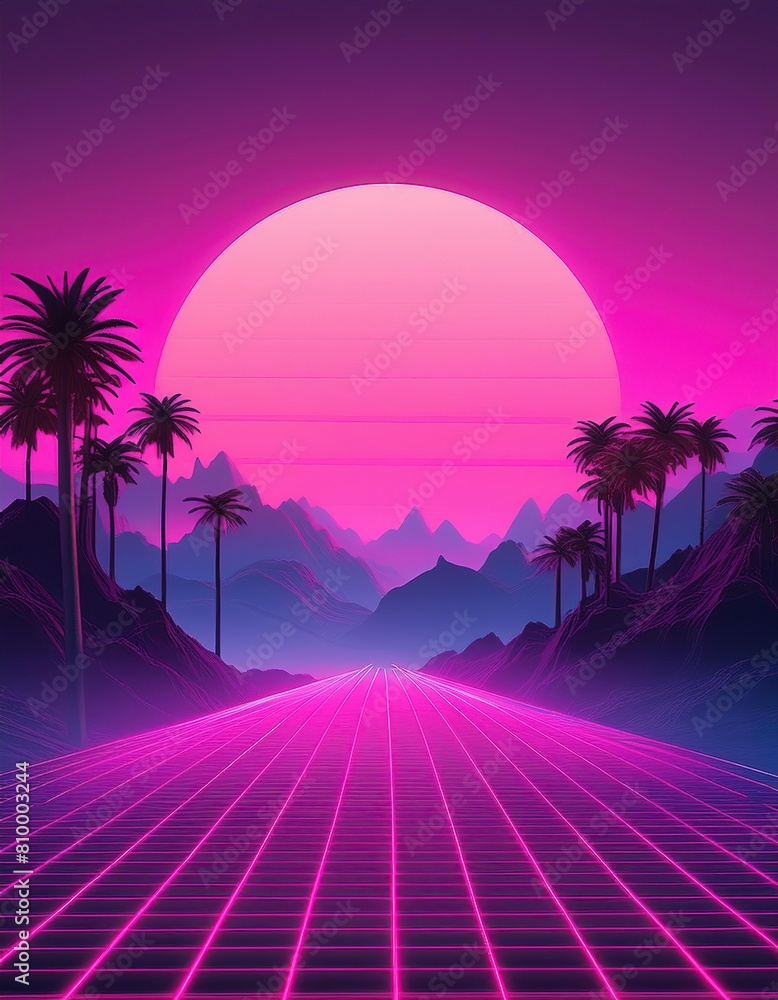 Naklejka premium Synthwave retro cyberpunk style landscape background banner or wallpaper