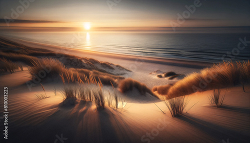 A beach scene at sunset. The view is from a sand dune covered in sparse beach grass, looking out towards the sea