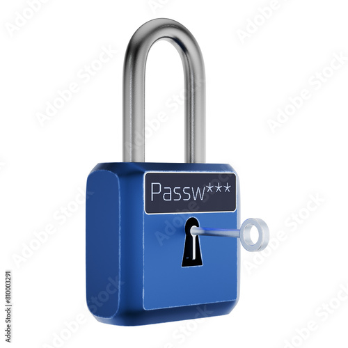 Data protection concept. Data encryption. Padlock and key. VPN concept. Password strength. 3D render.