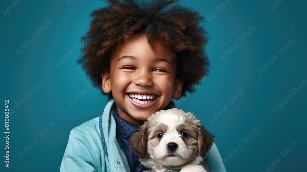 generated illustration adorable american african with puppy isolated on blue background generated illustration adorable american african with puppy isolated on blue background