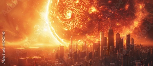 Depiction of a city with solar flares as a backdrop, indicating a weakened magnetic field photo