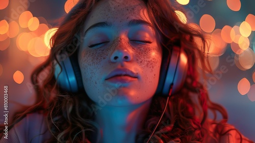 Woman listening to music with expressive cozy faces  diverse emotions  in harmony with the music s beat.