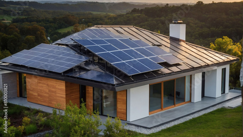 Embrace renewable energy, Modern house roof adorned with photovoltaic solar panels.