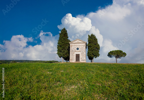 Chapel of Madonna di Vitaleta in Tuscany, isolated in the countryside of the province of Siena. Framed from a close distance. photo