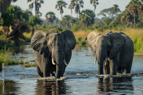 Close view of two African elephants entering the rippled water under the bright daylight and lush surroundings
