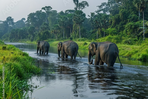 A herd of elephants elegantly parades along the lush river s brink in the wild