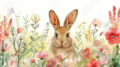 Watercolor illustration of a rabbit and spring flowers. Spring colors illustration.