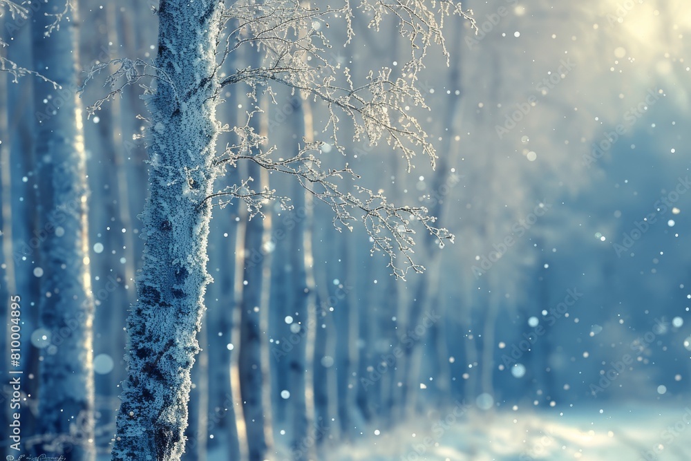 A serene wintry setting highlighting a tree branch with delicate frosted details against a soft-focus forest background A serene wintry setting highlighting a tree branch with delicate frosted details against a soft-focus forest background