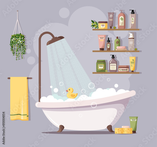 Bathroom with bathtub, shower, grooming cosmetics, towel, rubber duckie and plant. Cozy modern bathroom interior. Daily care, human hygiene, body wash. Stock vector illustration.