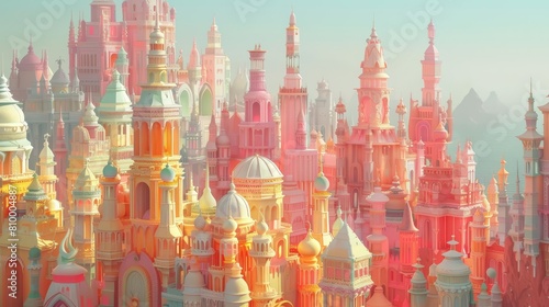 minimalist design showcasing intricate spires and battlements in bold digital CG 3D style photo