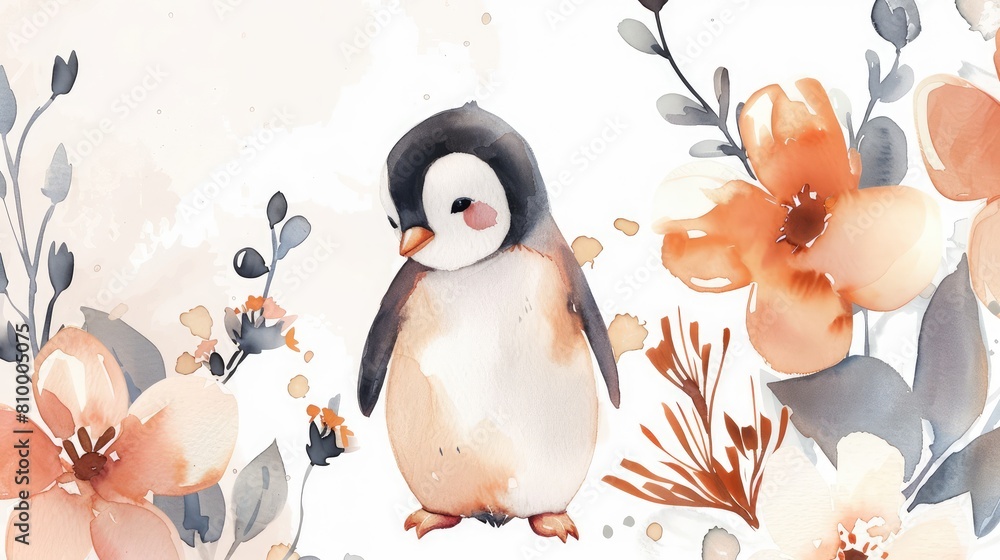 Cute penguin with watercolor effect, with flowers Cute penguin with watercolor effect, with flowers