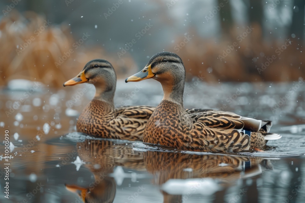 Two ducks with striking feather details are captured in a tranquil water setting with gentle ripples around them Two ducks with striking feather details are captured in a tranquil water setting with gentle ripples around them