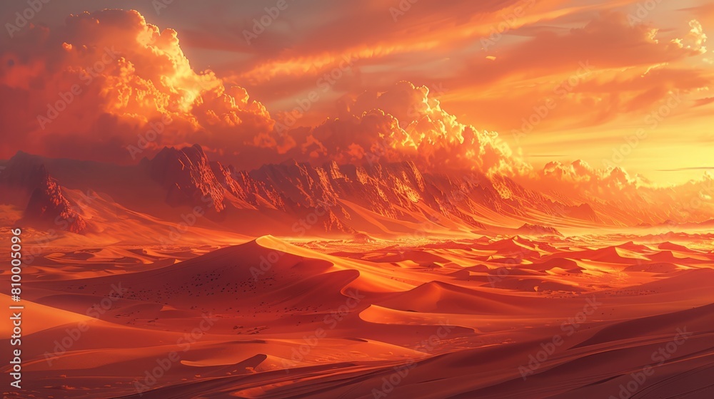 Dramatic desert scene at dusk with sharp ridges and dunes under a fiery sky illuminating the sands in golden hues