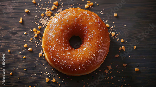   A donut atop a sugar-coated wooden table with a nibbled piece missing photo