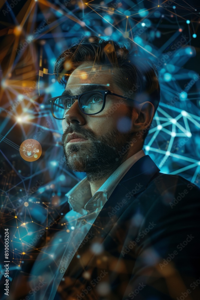 Fototapeta premium Portrait of a handsome bearded man wearing glasses and a suit. The concept of cryptocurrency mining and blockchain.