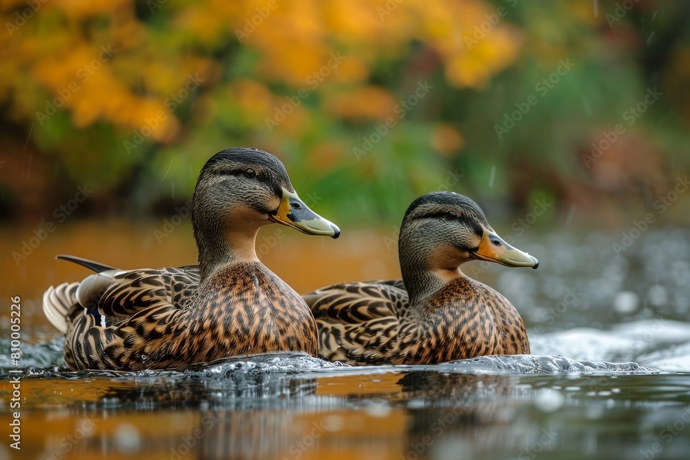 Two beautiful ducks glide through water amidst autumn leaves, reflecting the serene and tranquil beauty of nature Two beautiful ducks glide through water amidst autumn leaves, reflecting the serene and tranquil beauty of nature
