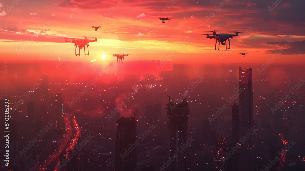 High-altitude drones over a cityscape during a vibrant sunset.