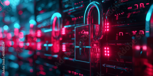 padlocks with, vivid blue and red neon lights reflecting a modern, secure network environment. themes related to cybersecurity, digital encryption, and network protection.