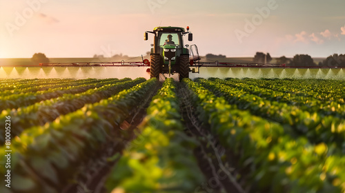 Farm machinery spraying crops at sunset in a vast agricultural field. A tractor spraying pillar liquid on the vast green fields at sunset. Farmer s concept with copy space.