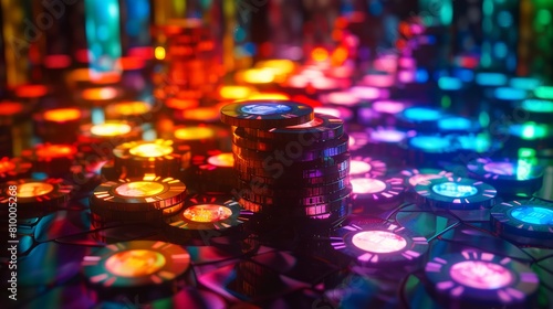 Stacks of glowing poker chips in a dark room illuminated by a single overhead light hinting at underground gambling.