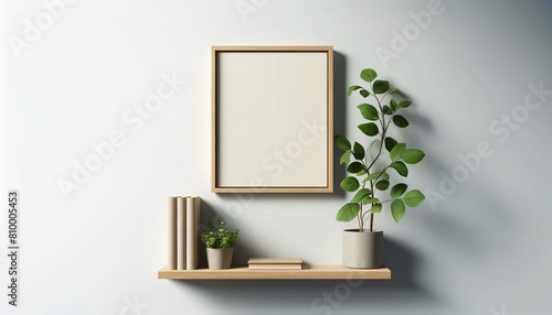 A minimalist interior design scene featuring a light wood floating shelf against a plain white wall. On the shelf, there is a simple wooden frame