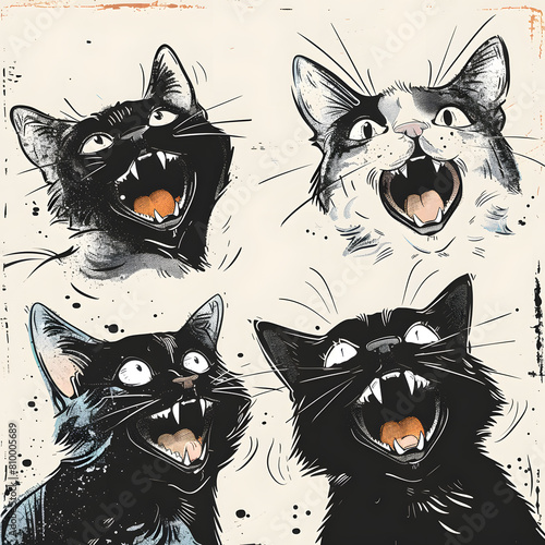 Four Carnivore Vertebrate Felidae Mammal Cats with open mouths in art painting