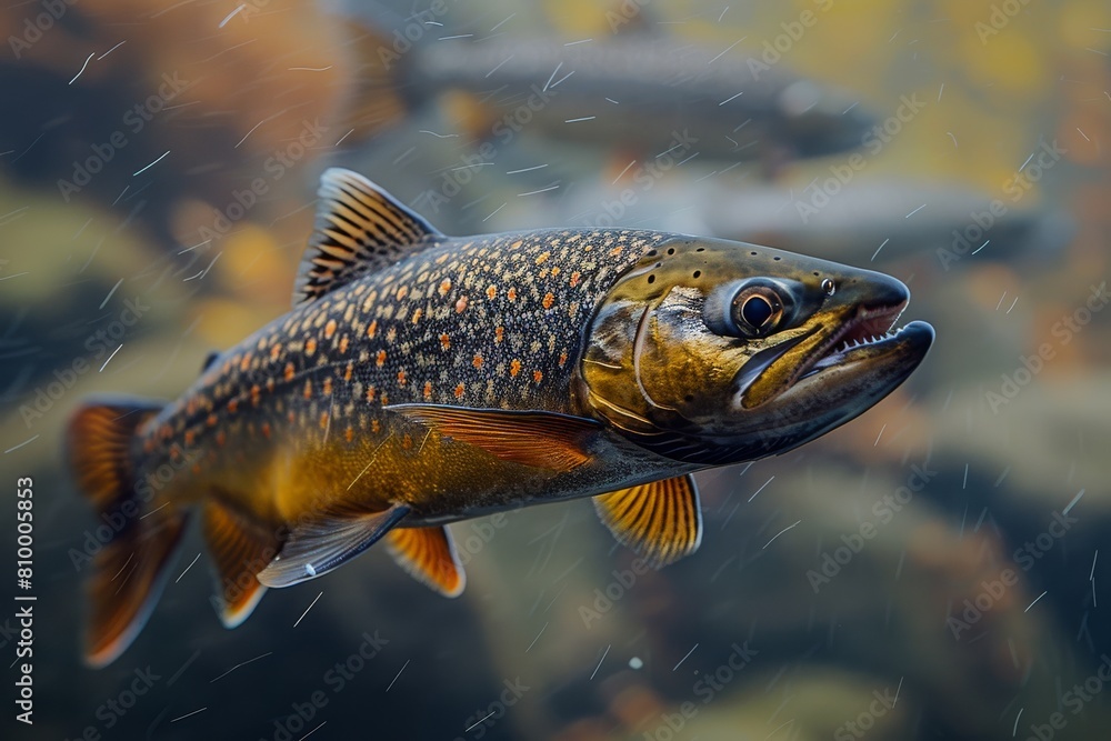 An exquisite brown trout mid-swim, displaying its open mouth and speckled body against a murky underwater backdrop An exquisite brown trout mid-swim, displaying its open mouth and speckled body against a murky underwater backdrop