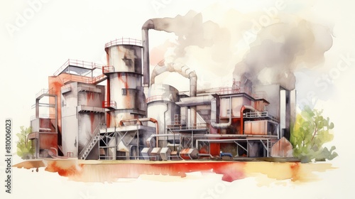 The watercolor painting shows an industrial scene with a large factory in the background