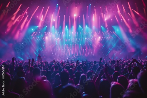 A vibrant image capturing the energy of a crowd at a concert, bathed in colorful stage lighting