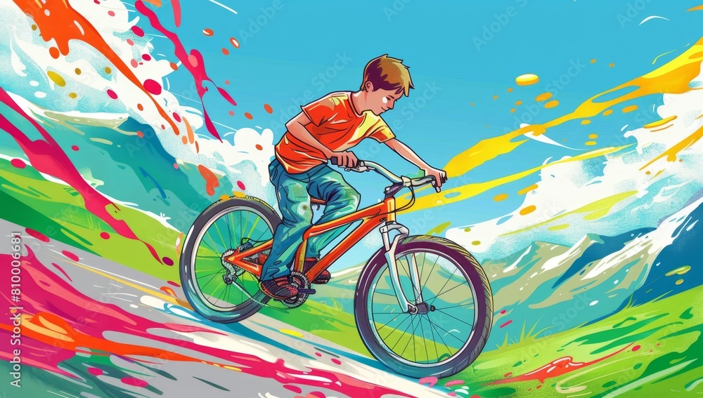 Fototapeta premium A young man is riding his mountain bike on the road, with colorful paint splashes behind him Generative AI