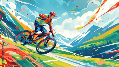 A young man is riding his mountain bike on the road in the colorful cartoon Generative AI © SKIMP Art