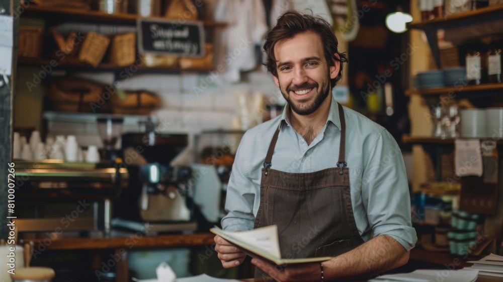 A cheerful male barista in an apron holds a menu inside a warmly lit, rustic coffee shop. A cheerful male barista in an apron holds a menu inside a warmly lit, rustic coffee shop.