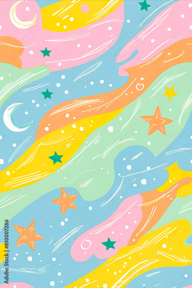 A colorful pattern with stars and moons.